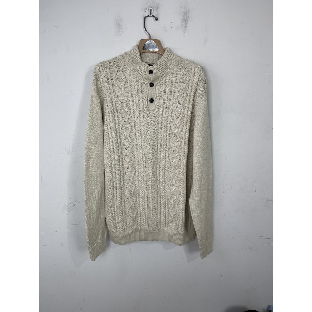 Chaps Mens Sweater XXL Oatmeal Fisherman Cable Knit Henley Rustic Cabincore